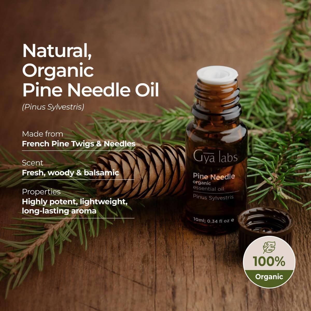Braune Glasflasche mit schwarzem Deckel. Aufschrift: Pine Needle organic essential oil. Daneben Kiefernzapfen und Zweige. Logo: 100% Organic.