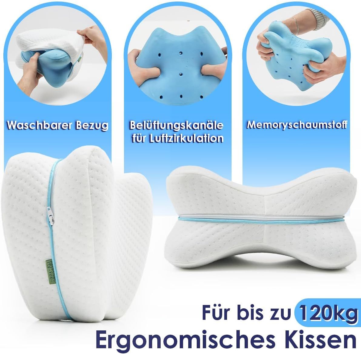 Kniekissen mit Reißverschluss, Belüftungskanälen und Memoryschaum. Text: Waschbarer Bezug, Ergonomisches Kissen, bis 120kg.