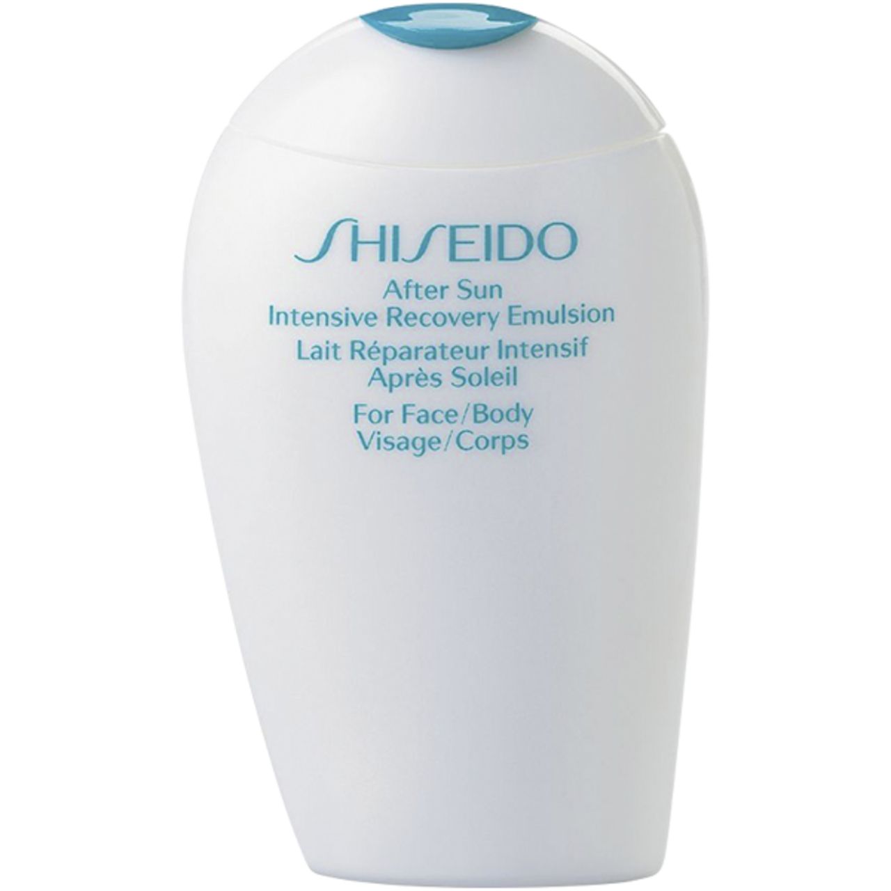 Weiße Flasche mit blauem Deckel. Schriftzug: SHISEIDO, After Sun Intensive Recovery Emulsion. Für Gesicht/Körper.