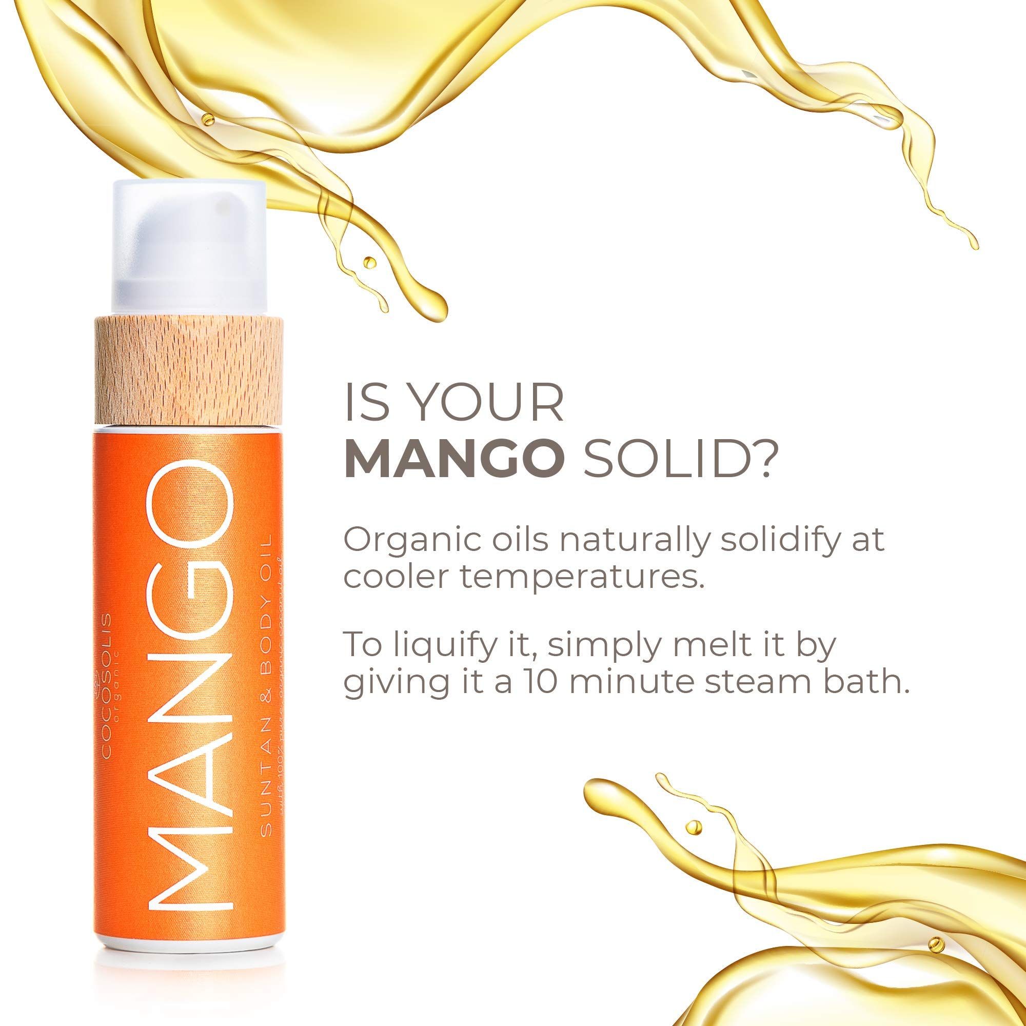 Flasche MANGO OIL, umgeben von Ölspritzern. Text erklärt Verfestigung bei Kälte.