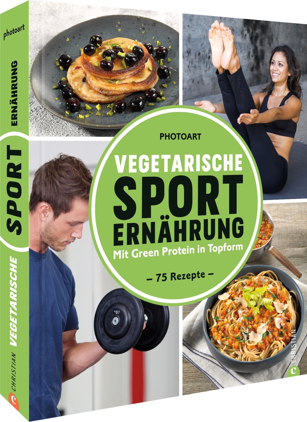 Buchcover: Vegetarische Sporternährung. Titel in Grün. Fotos von Sportlern und Gerichten. 75 Rezepte.