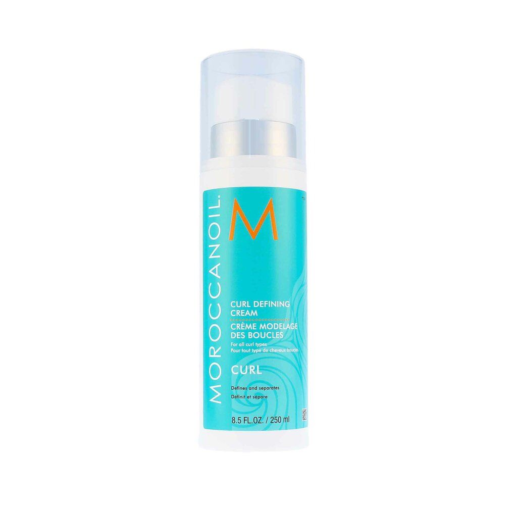 Weiß-türkise Flasche mit Pumpe. Text: Moroccanoil, Curl Defining Cream, Curl. 8.5 FL.OZ. / 250 ml.