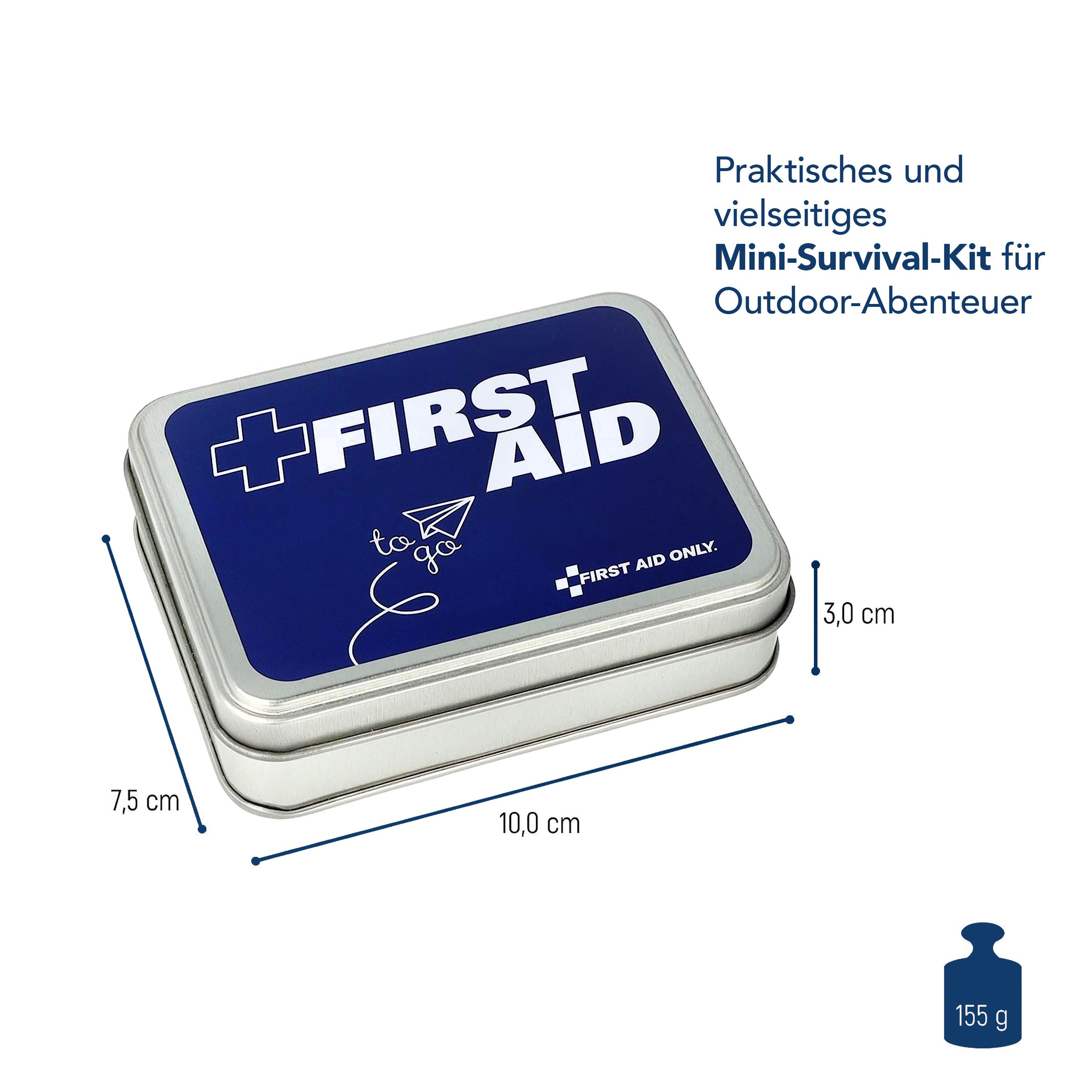 Metallbox, blaues Etikett mit weißer Aufschrift FIRST AID. Abmessungen: 10,0 x 7,5 x 3,0 cm. Gewicht: 155 g.