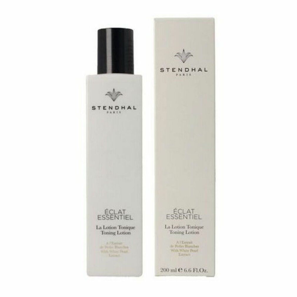 Weiße Flasche und Verpackung. Aufschrift: Stendhal Paris, Éclat Essentiel, La Lotion Tonique Toning Lotion. 200 ml.