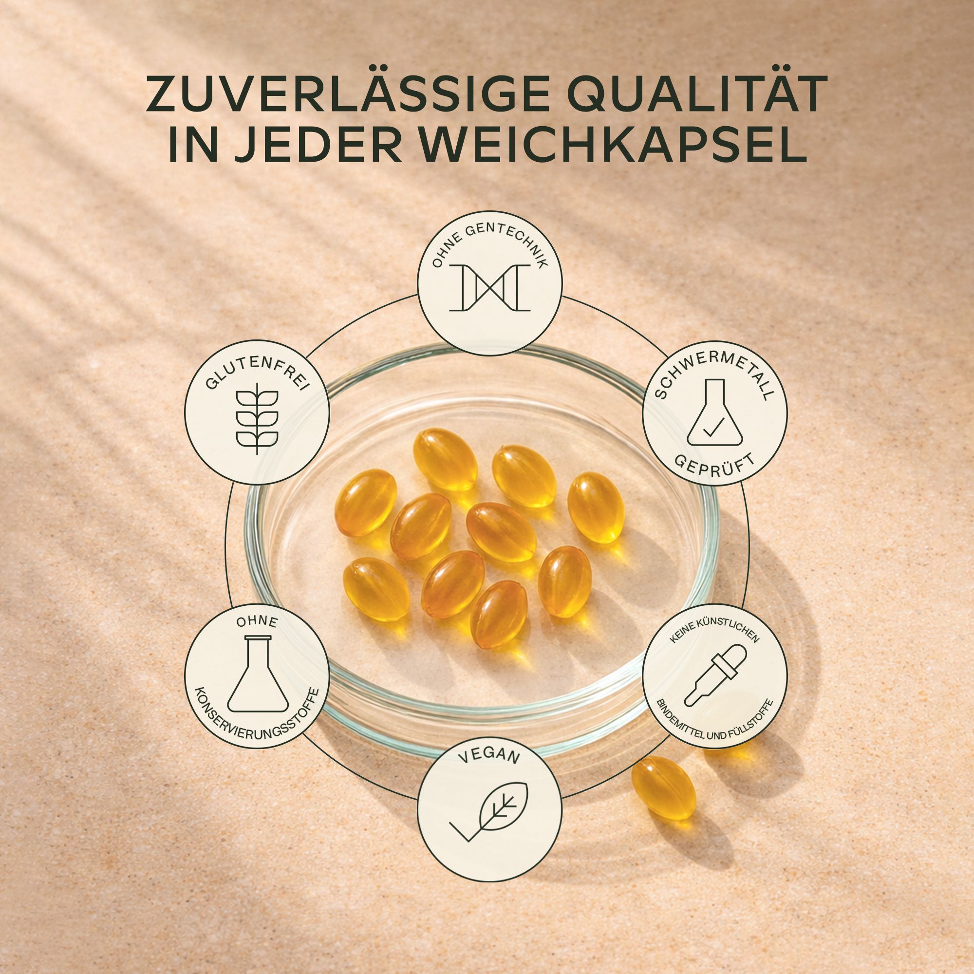 Kapseln in einer Schale. Ohne Gentechnik, Schwermetalle, Konservierungsstoffe. Vegan.