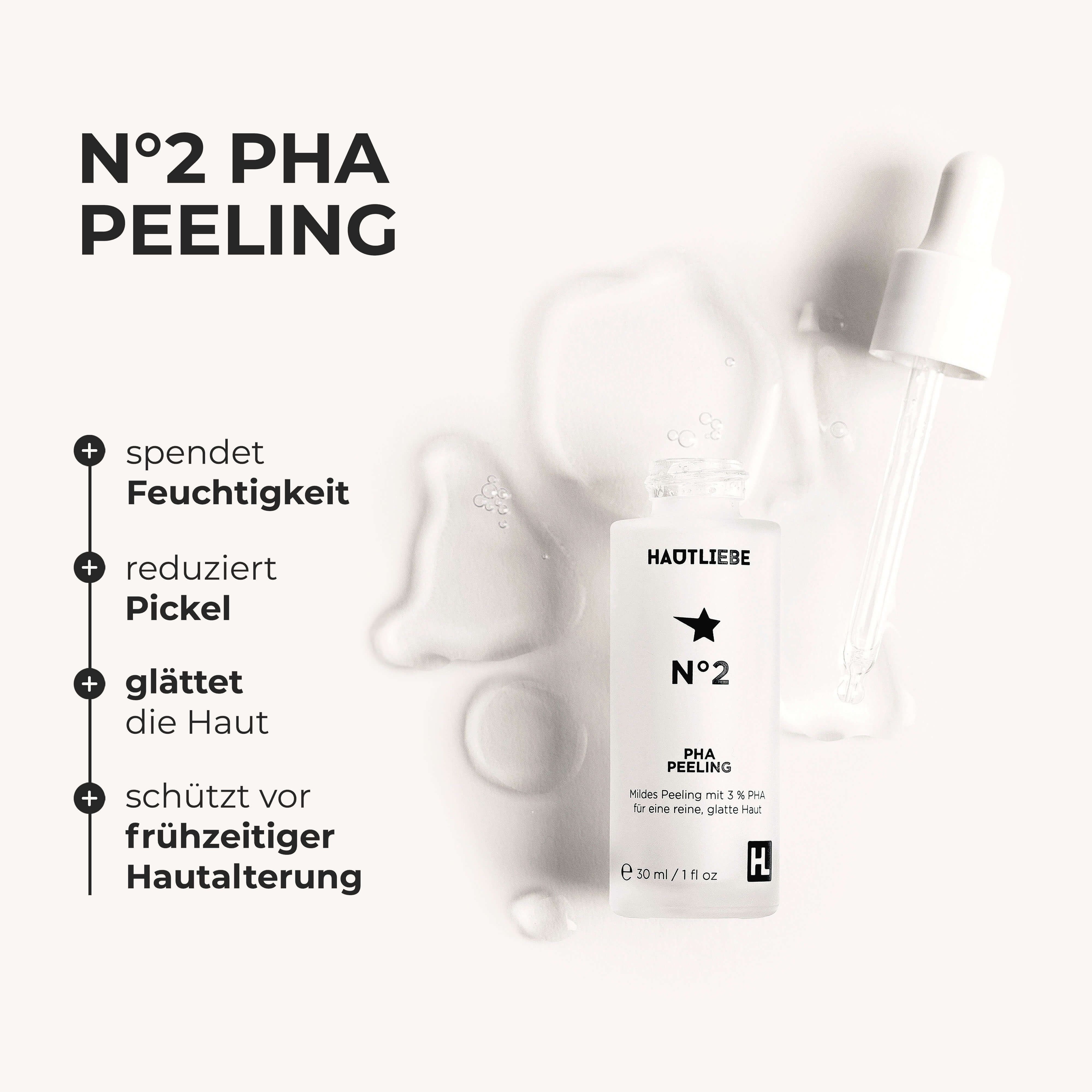 Flasche mit Aufschrift HAUTLIEBE, N°2, PHA PEELING. Grafiken zeigen Effekte: Feuchtigkeit, Pickelreduktion, Hautglättung, Anti-Aging.