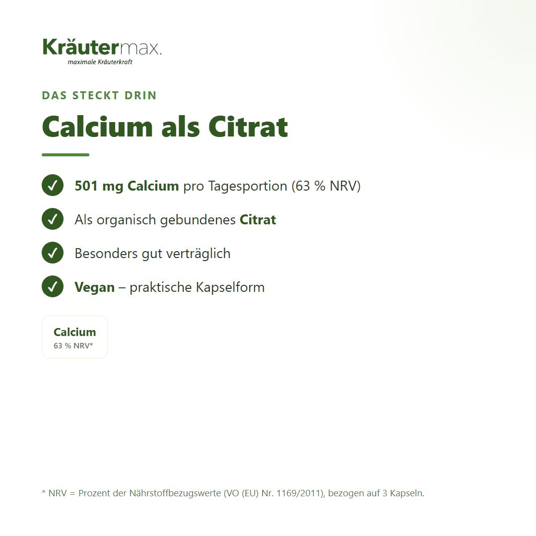 Anleitung zur Einnahme von 3 Kapseln täglich, mit Fläschchen Kräutermax Calcium Citrat und Hinweis für Kinder.