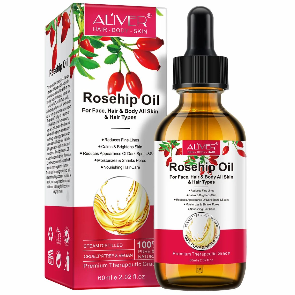 Aliver Rosehip Oil, 100% reines Hagebuttenöl für Haut und Haare