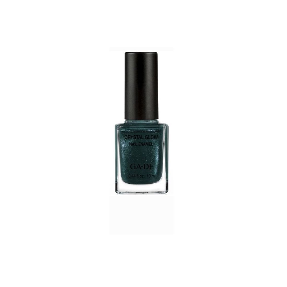 Ga-De Crystal Glow Nagellack. Flasche mit schwarzem Deckel. Dunkelgrüne Farbe mit Glitzer. Aufschrift: Crystal Glow Nail Enamel, Ga-De.