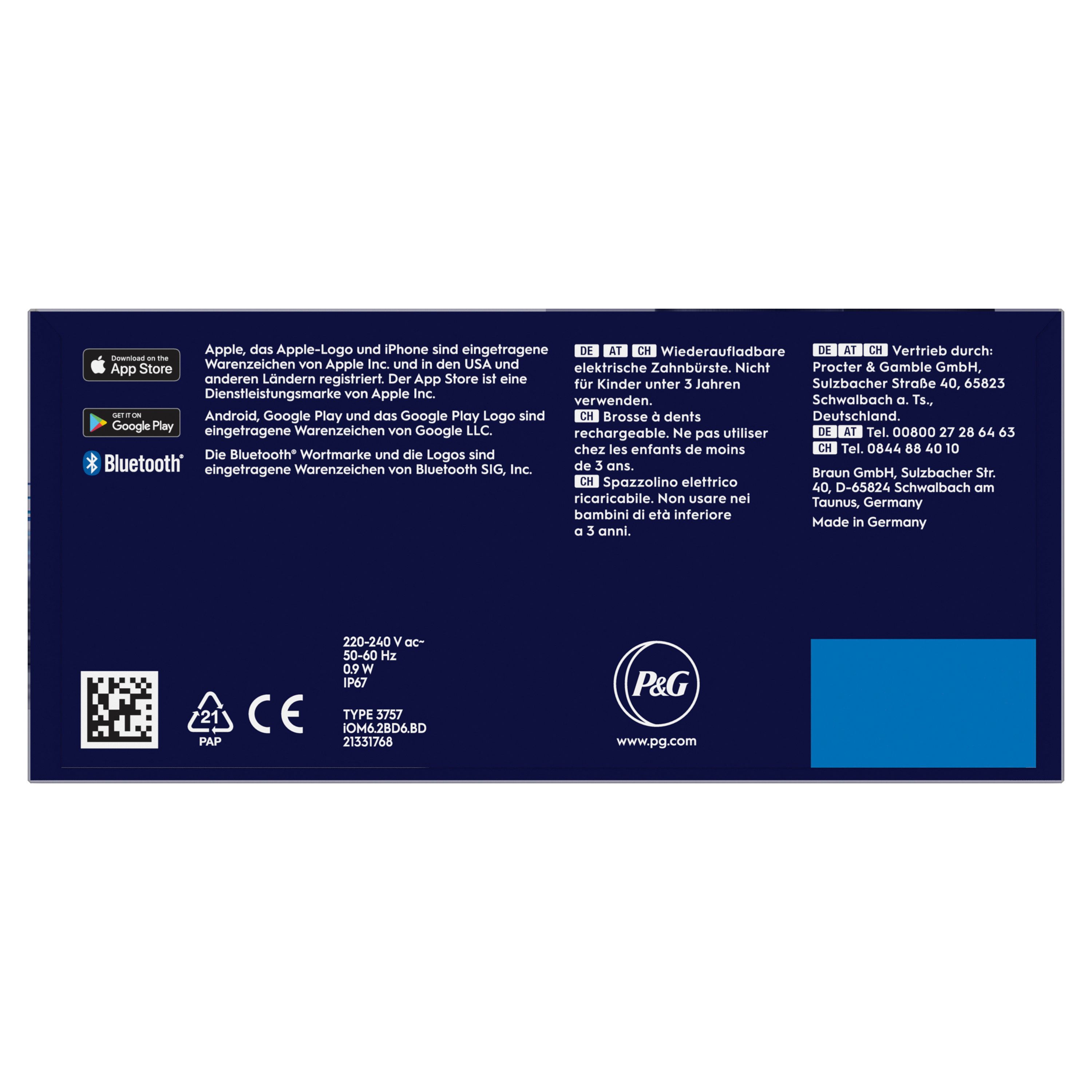 Detailansicht der Oral-B iO 6 Verpackung mit Konnektivitäts- und Herstellerinformationen.