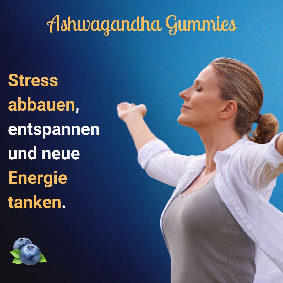 Frau mit erhobenen Armen. Text: Stress abbauen, entspannen und neue Energie tanken. Blaubeeren.
