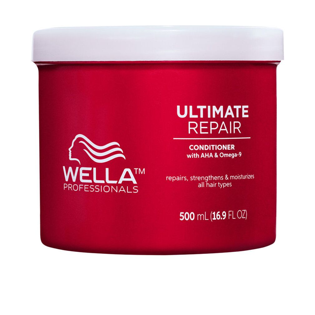 Roter Tiegel mit weißem Deckel. Aufschrift: Wella, Ultimate Repair Conditioner. 500 ml (16.9 FL OZ).