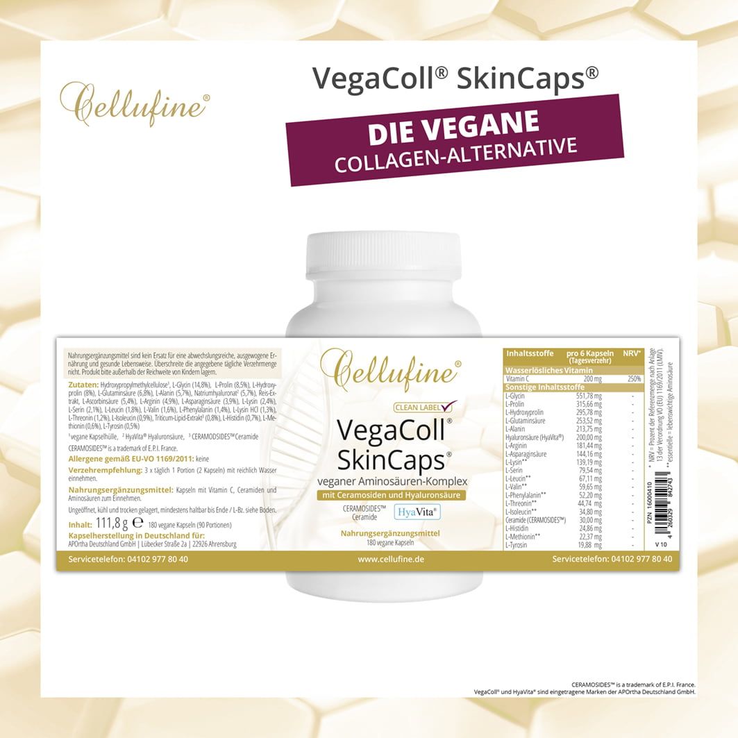 Produktflasche mit Etikett. Inhaltsstoffe, Nährwertangaben, vegane Aminosäuren-Komplex, Hyaluron-Säure, 180 Kapseln, 111g.