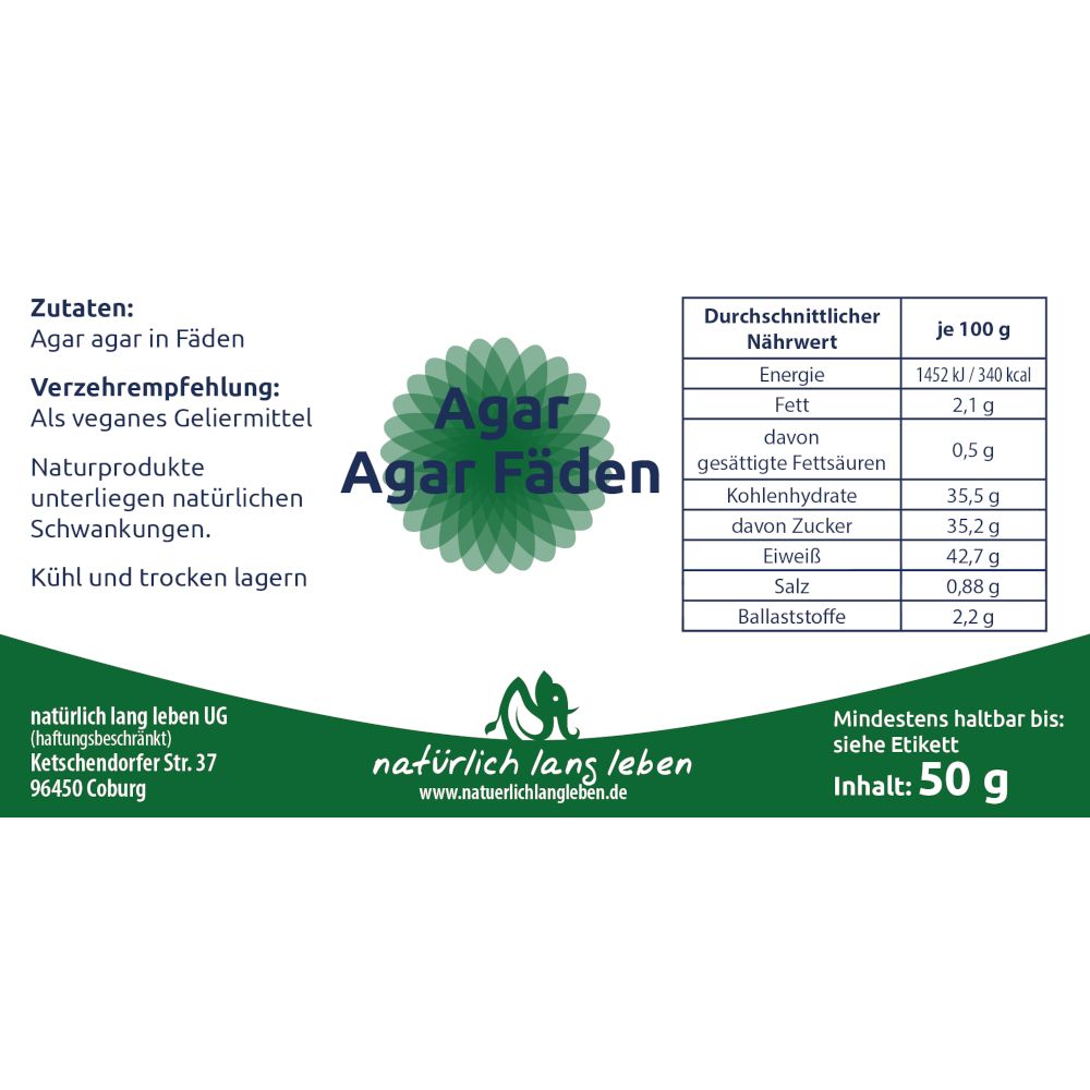 Weißes Etikett mit Text: "Agar Agar Fäden", Nährwerttabelle, Zutaten, Verzehrempfehlung. Logo "natürlich lang leben".