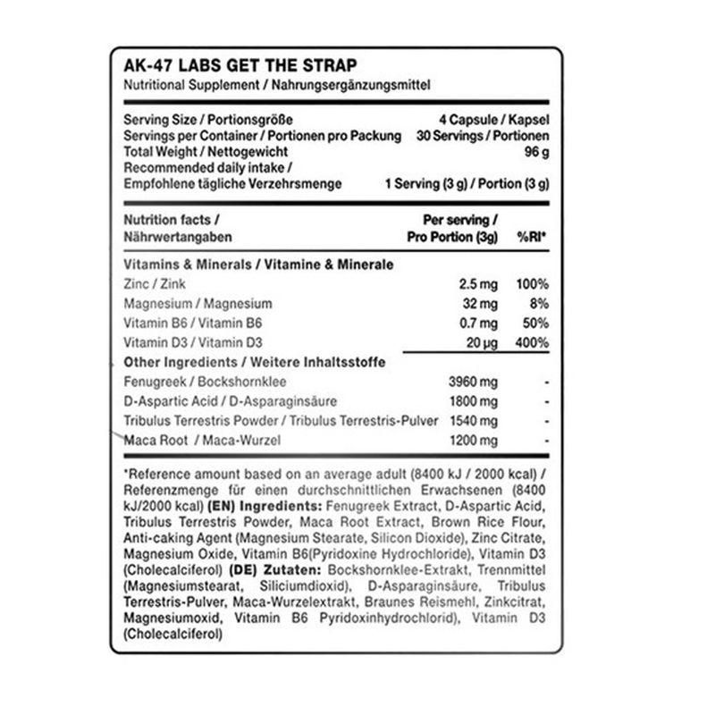 Nährwertangaben für AK-47 Labs TestBooster. Enthält Vitamine, Mineralien und weitere Inhaltsstoffe. 30 Portionen pro Packung.