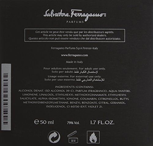 Rückseite der Salvatore Ferragamo Black Eau de Toilette Verpackung. Informationen zu Inhaltsstoffen, Volumen und Hersteller.