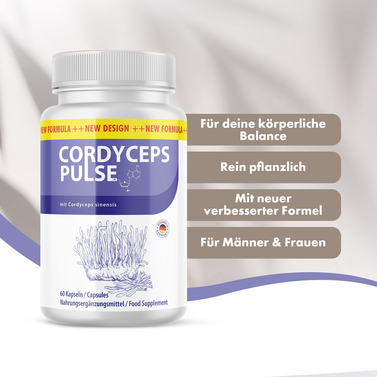 Weiße Flasche mit Kapseln. Aufschrift "CORDYCEPS PULSE". Enthält 60 Kapseln. Mit Cordyceps sinensis. Textbox mit Produktvorteilen.
