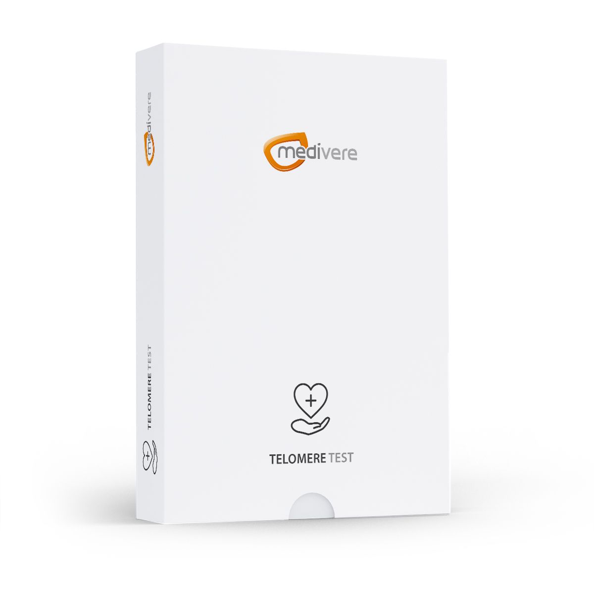 Weiße Verpackung mit Logo und Text. Logo: orangefarbener Kreis mit "medivere". Text: "TELOMERE TEST". Abbildung: Herz mit Hand.