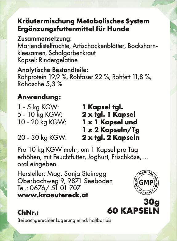 Etikett mit Text: Kräutermischung Metabolisches System, Ergänzungsfuttermittel für Hunde. Inhaltsstoffe, Dosierung, Herstellerangaben, 60 Kapseln.