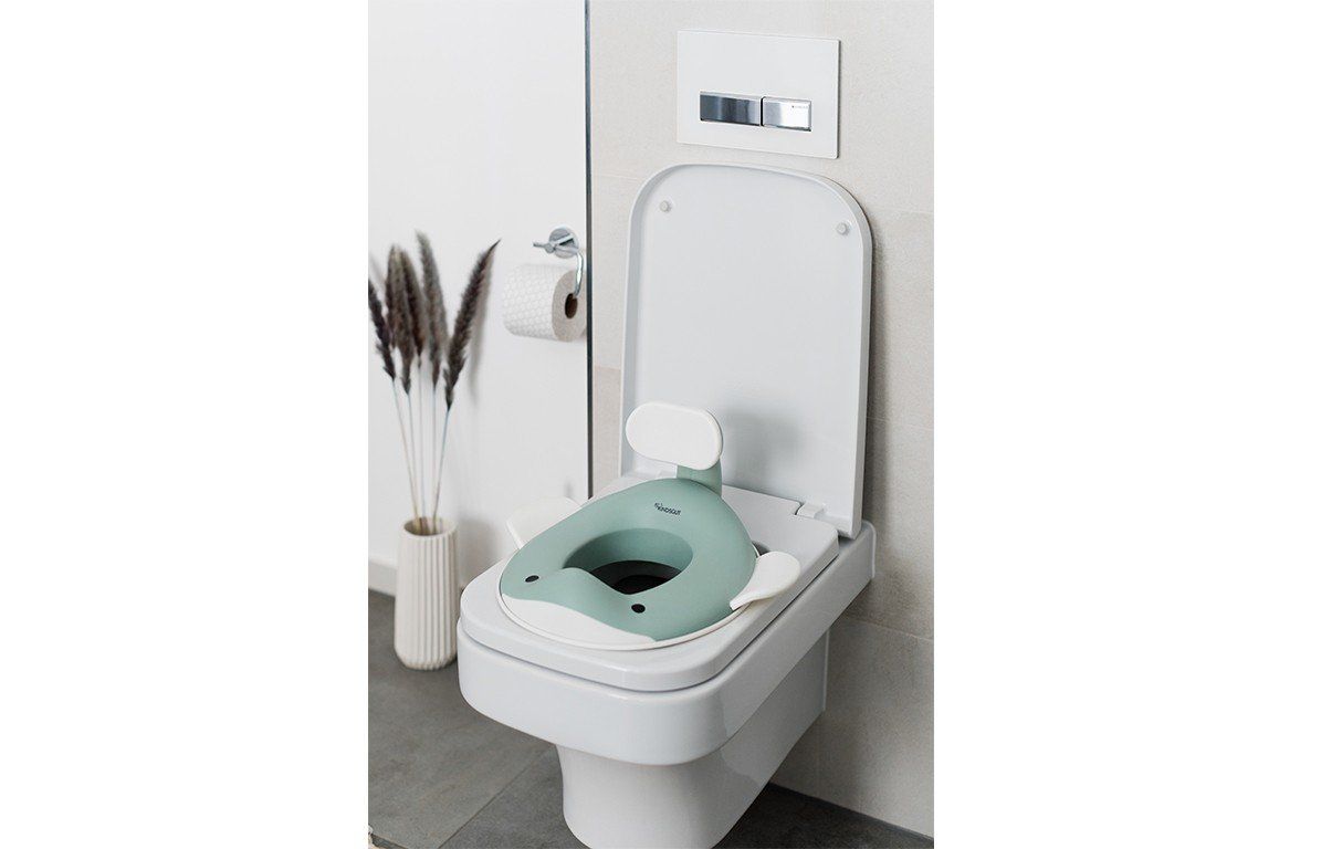 Toilettensitz in Walform auf einer geöffneten Toilette. Aquamarin und weiß. Badezimmer-Kontext.