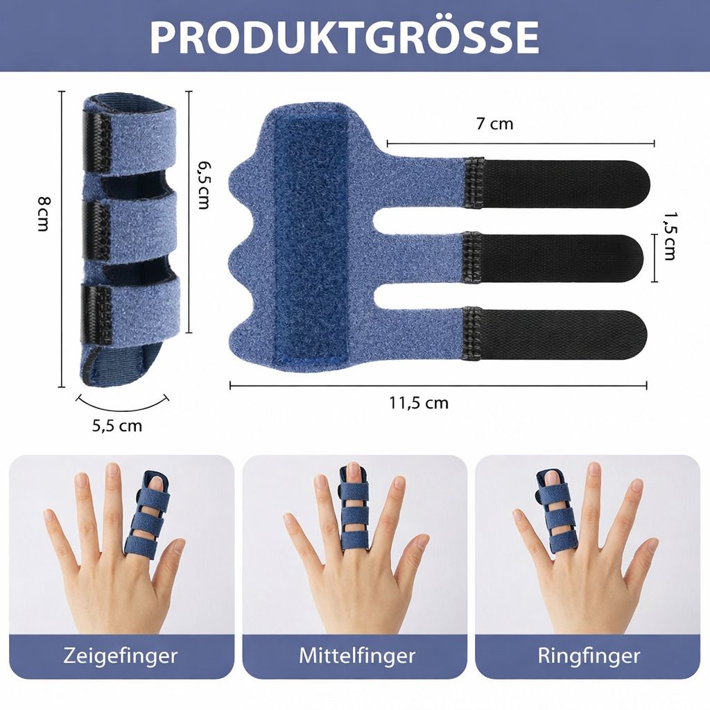Blaue Fingerschiene mit Klettverschlüssen. Maße: 8x5,5 cm, 11,5x6,5 cm, 7x1,5 cm. Abbildungen zeigen Anwendung am Zeige-, Mittel- und Ringfinger.