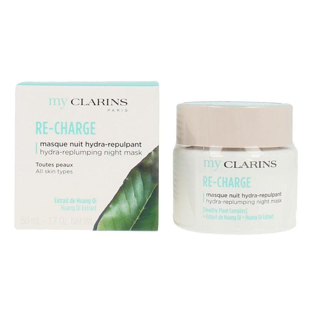 Produkt und Verpackung. Text: My Clarins RE-CHARGE, hydra-replumping night mask. Für alle Hauttypen.