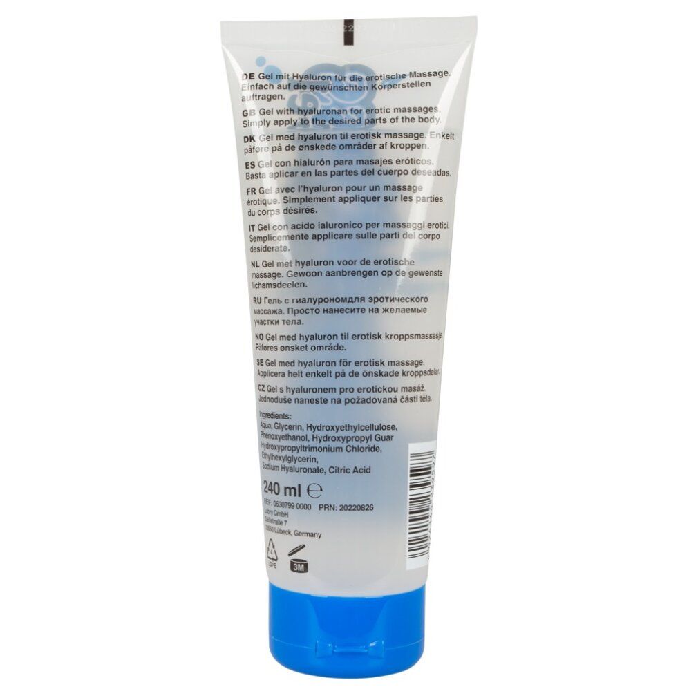 Rückseite einer Tube mit Produktinformationen und Inhaltsstoffen. Blauer Schraubverschluss.