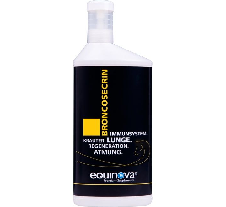 Flasche mit schwarzem Etikett. Aufschrift Broncosecrin, Immunsystem, Kräuter, Lunge, Regeneration, Atmung. Equinova Logo.