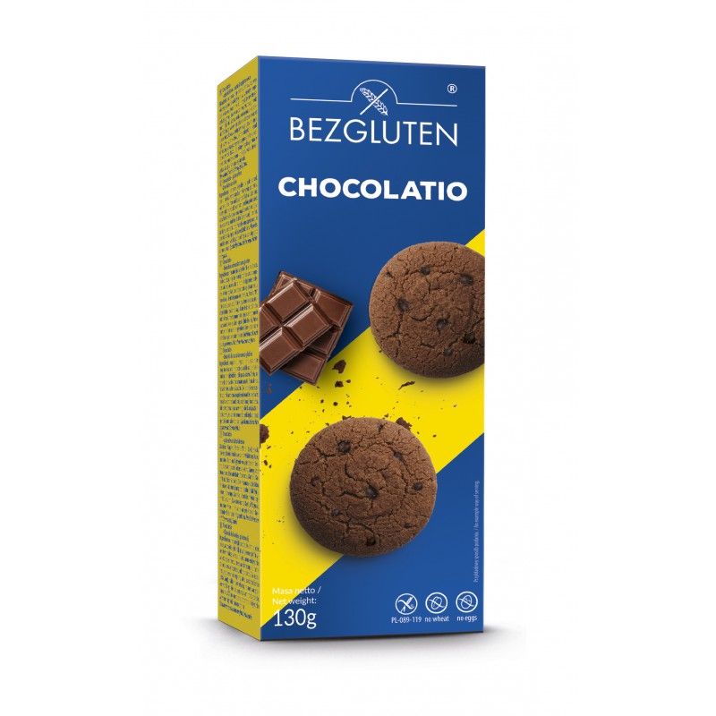 Verpackung mit Bezgluten Chocolatio. Blaue und gelbe Verpackung mit Keksen und Schokoladenstückchen. Glutenfrei.