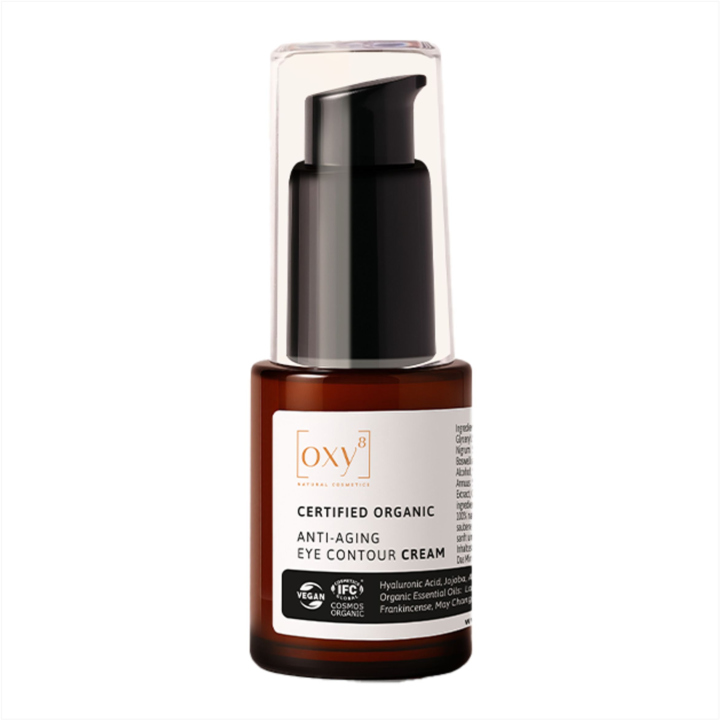 Braune Flasche mit schwarzem Pumpkopf. Aufschrift: Certified Organic, Anti-Aging Eye Contour Cream. Vegan-Siegel.