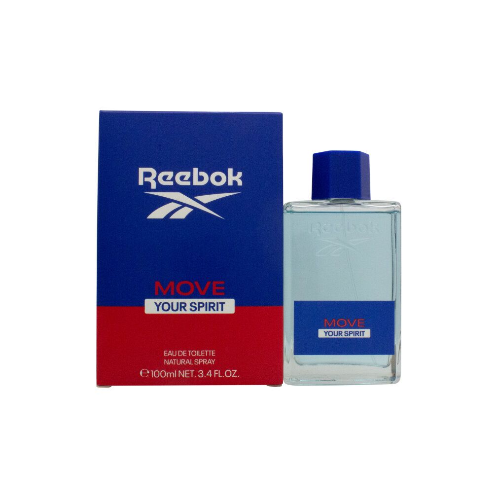 Reebok-Flakon und -Verpackung. Blau-rot-weißes Design. Aufschrift: MOVE YOUR SPIRIT. Eau de Toilette.