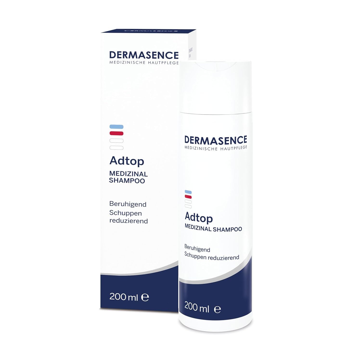 Weißes Shampoo mit blauer Banderole und Verpackung. Text: DERMASENCE, Adtop, 200 ml.