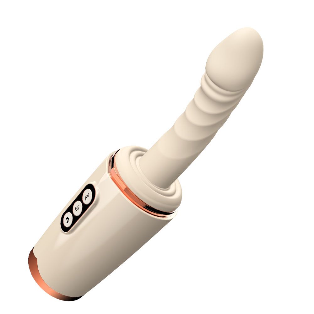 Beiger Vibrator mit Bedienfeld und Sockel. Perspektivische Ansicht.