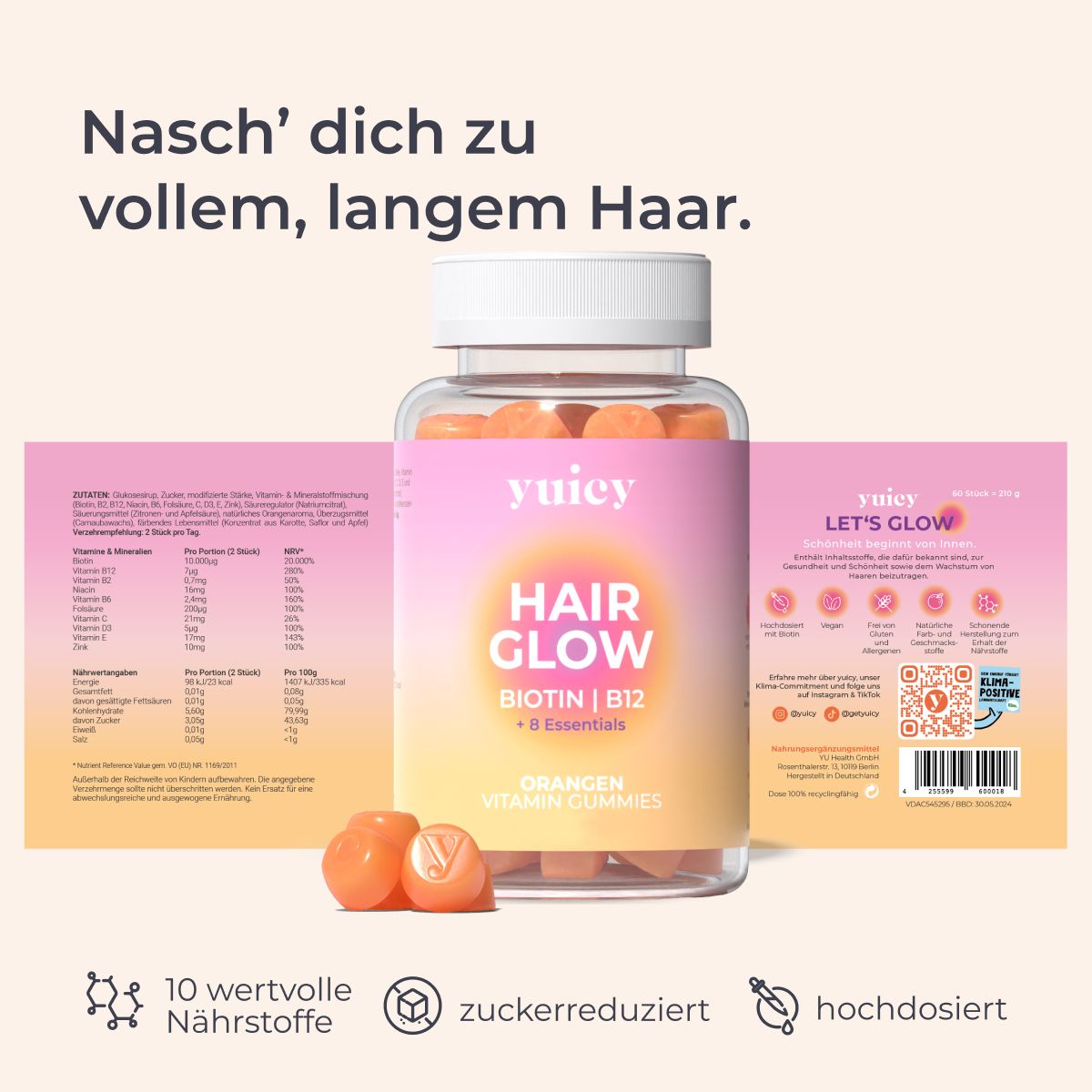 yuicy Hair Glow & Kids Multivitamin | Hochdosierte Vitamin Fruchtgummies | vegan