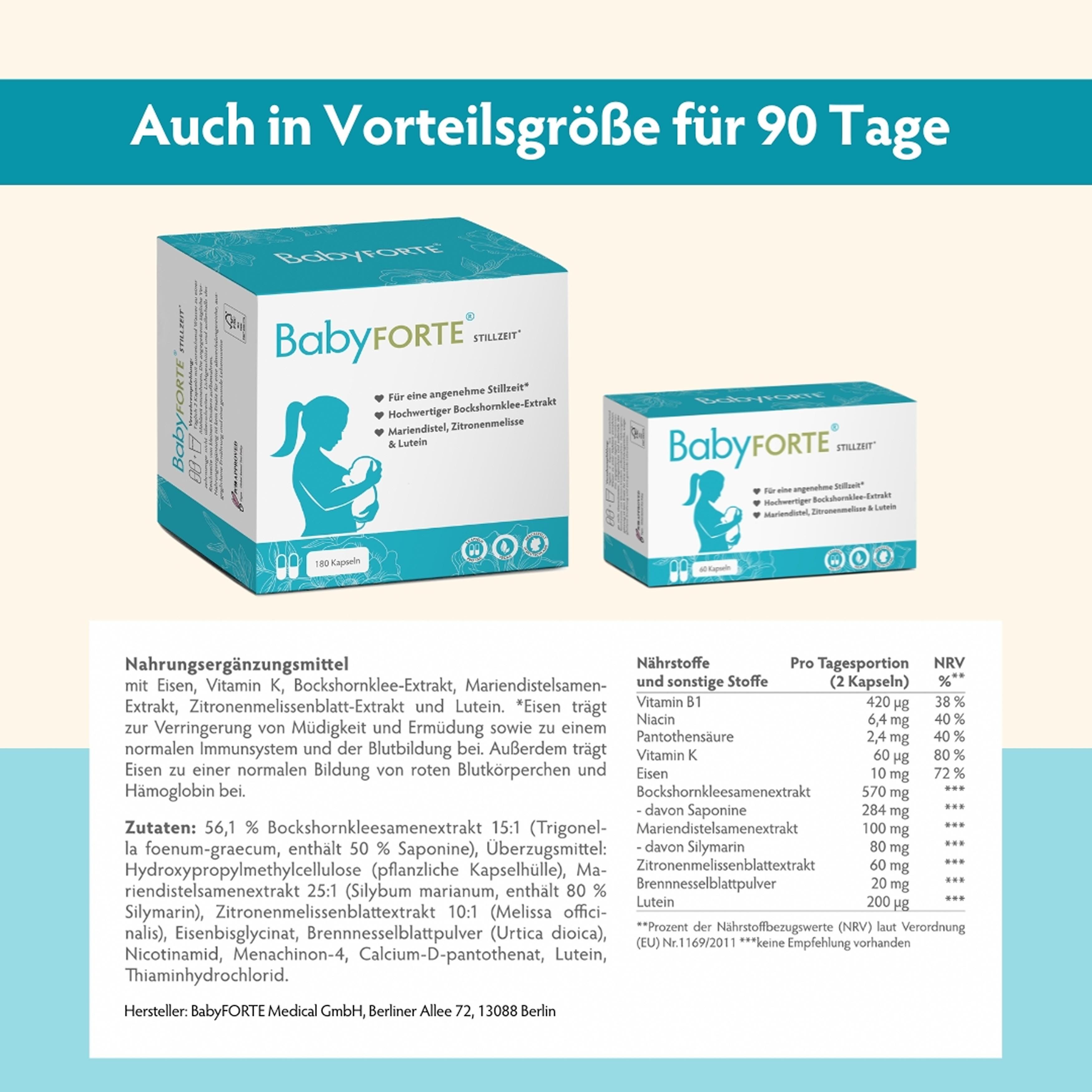 Zwei BabyFORTE®-Packungen. Text: Auch in Vorteilgröße für 90 Tage. Text: Nahrungsergänzungsmittel. Inhaltsstoffe und Nährwerte.