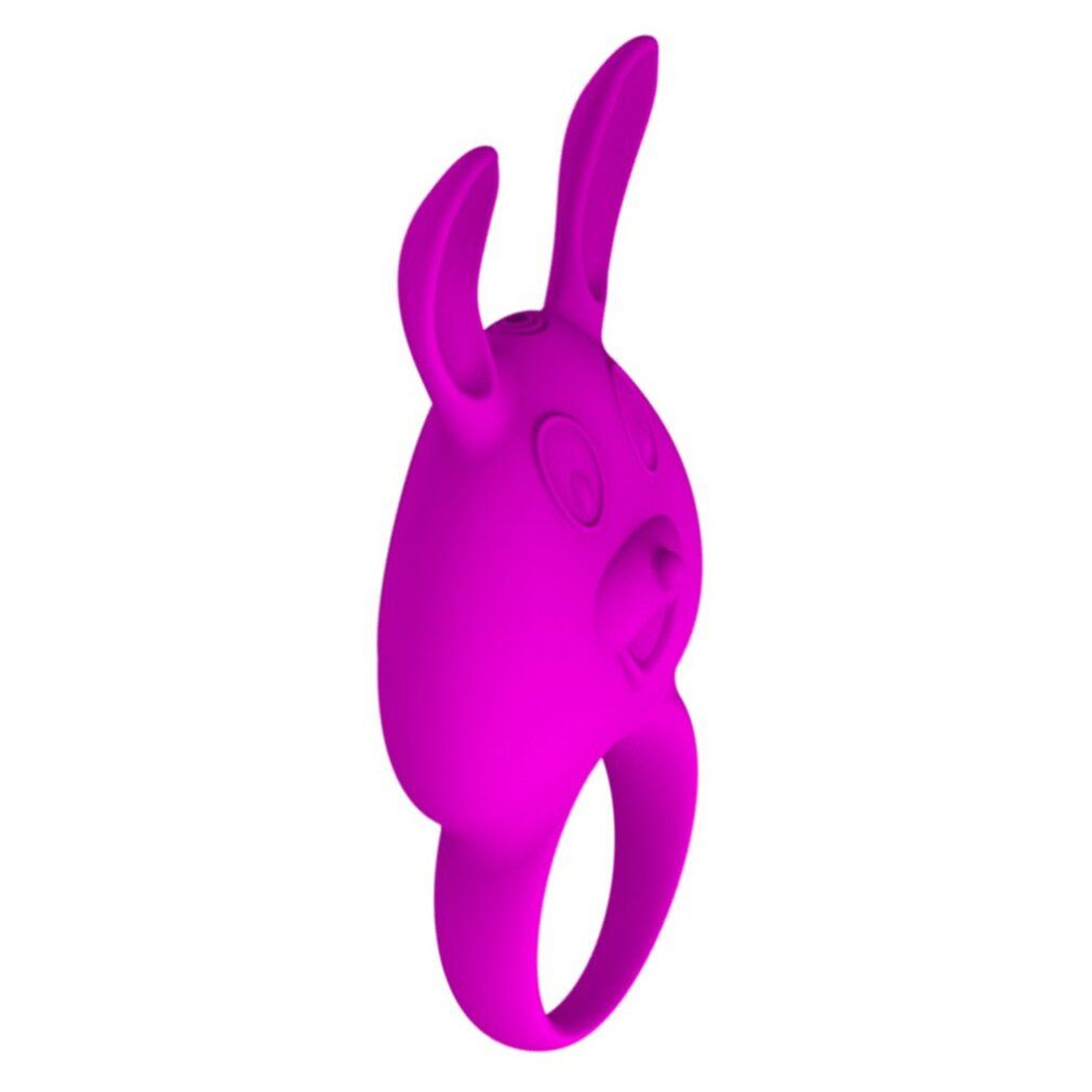 Lila Hasen-Vibrator mit Ohren und einem Ring, von der Seite gezeigt.