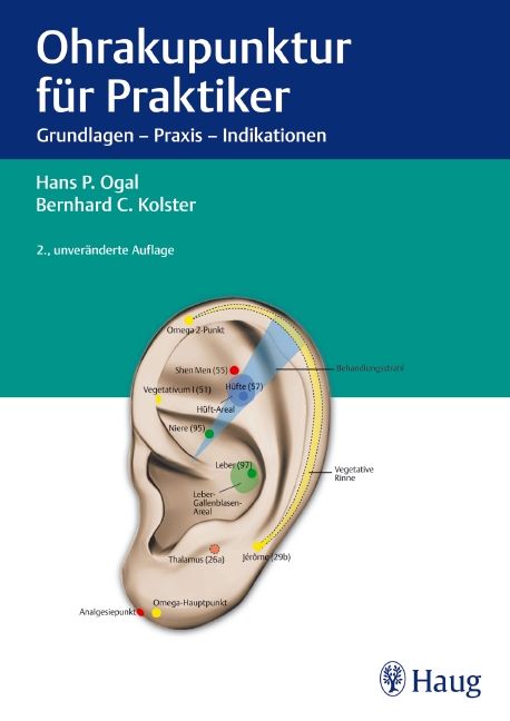 Buchcover: Ohrakupunktur für Praktiker. Titel, Autoren, Auflage. Ohr-Illustration mit Akupunkturpunkten und Haug-Logo.