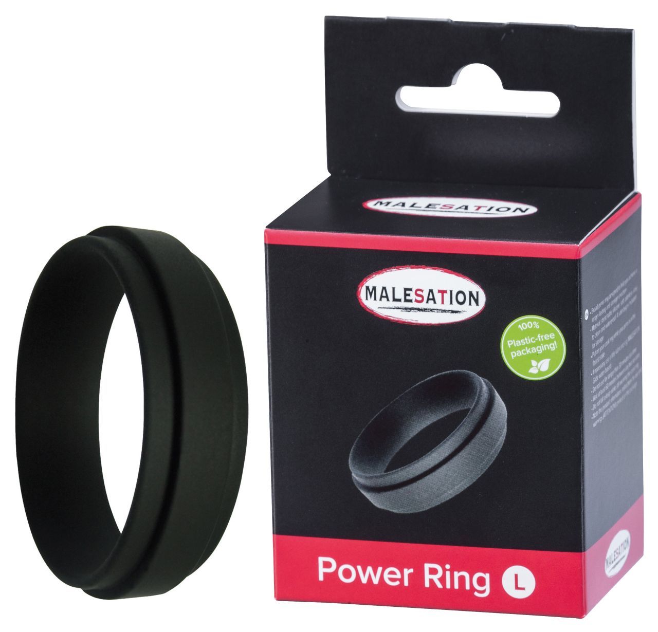 Schwarzer Power Ring L. Produkt und Verpackung mit Markenlogo. Verpackung mit Hinweis auf plastikfreie Verpackung.