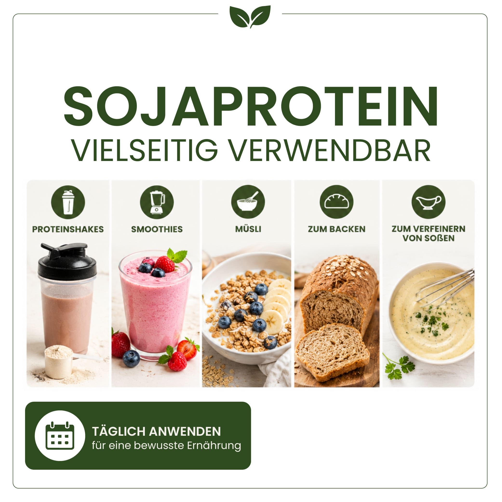 Sojaprotein-Pulver für Proteinshakes, Smoothies, Müsli, Backen und Saucen.