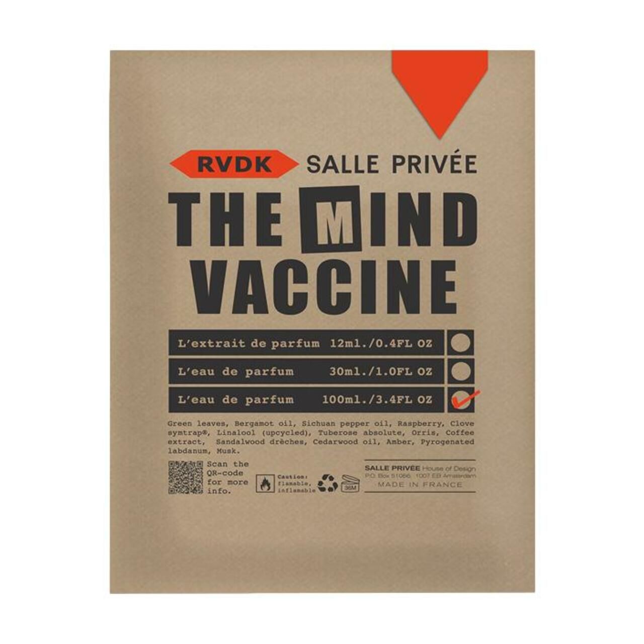 Verpackung mit Aufschrift: R.V.D.K. Salle Privée, The Mind Vaccine. Angaben zu Größen und Inhaltsstoffen. Braune Verpackung.