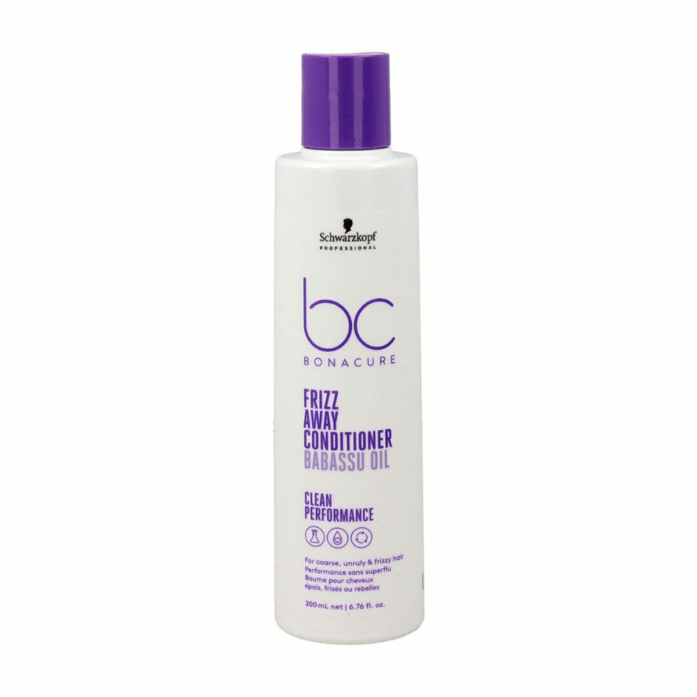 Flasche mit lila Verschluss. Aufschrift: Schwarzkopf Professional, bc bonacure, Frizz Away Conditioner Babassu Oil. Weiße Flasche.