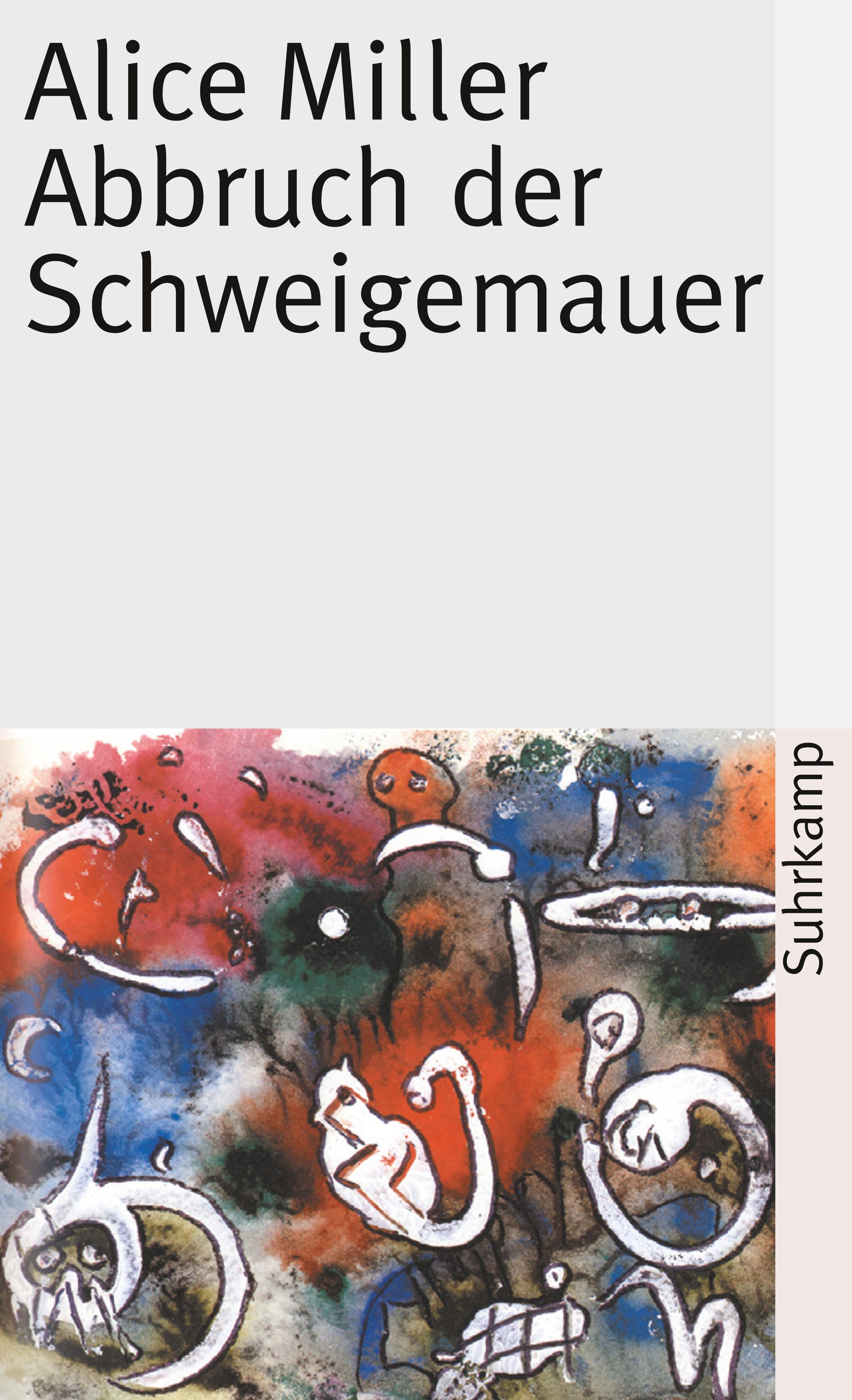 Buchcover mit Titel 'Abbruch der Schweigemauer' von Alice Miller. Illustration mit abstrakten Formen und Farben. Verlag Suhrkamp.