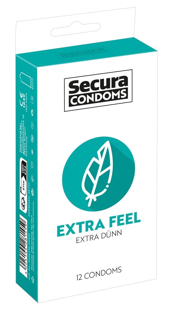 Verpackung mit Produktnamen und Logo. Text: Secura Condoms, Extra Feel, Extra Dünn, 12 Kondome. Zusätzliche Informationen.