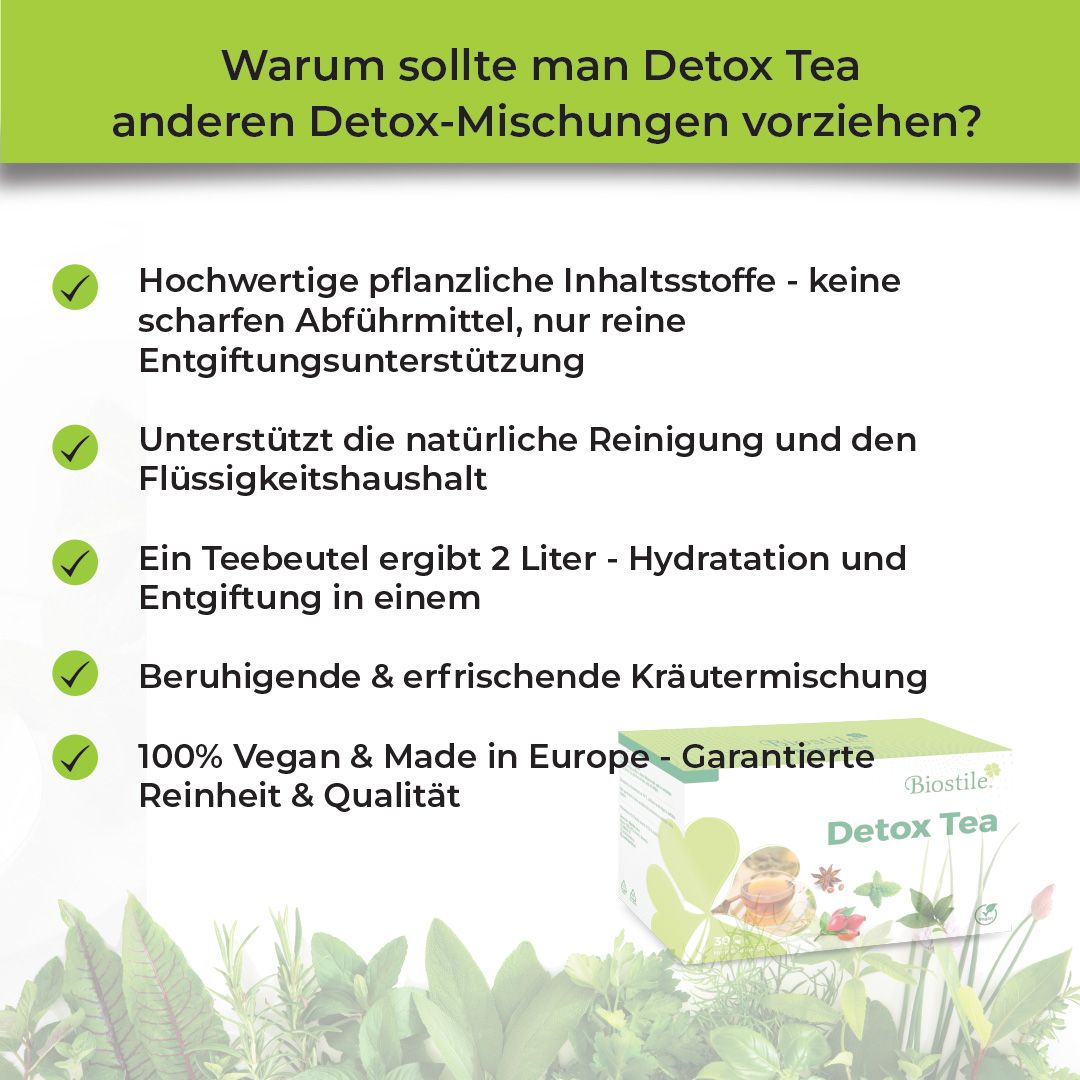 Infografik: Warum Detox Tea? Text mit Check-Symbolen. Produktverpackung und Pflanzen im Hintergrund.