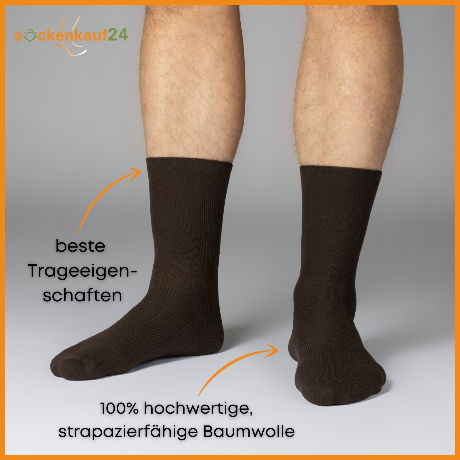Braune Socken am Fuß. Text: beste Trageeigenschaften. Text: 100% hochwertige, strapazierfähige Baumwolle. Text: sockenkauf24.