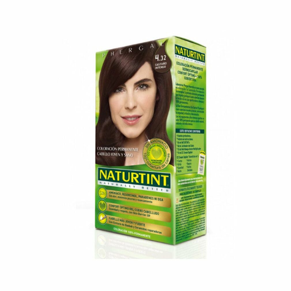 Naturtint 4.32 Verpackung. Aufdruck: 4.32, Kastanienbraun. Frau mit braunen Haaren. Zertifizierung: Bio.