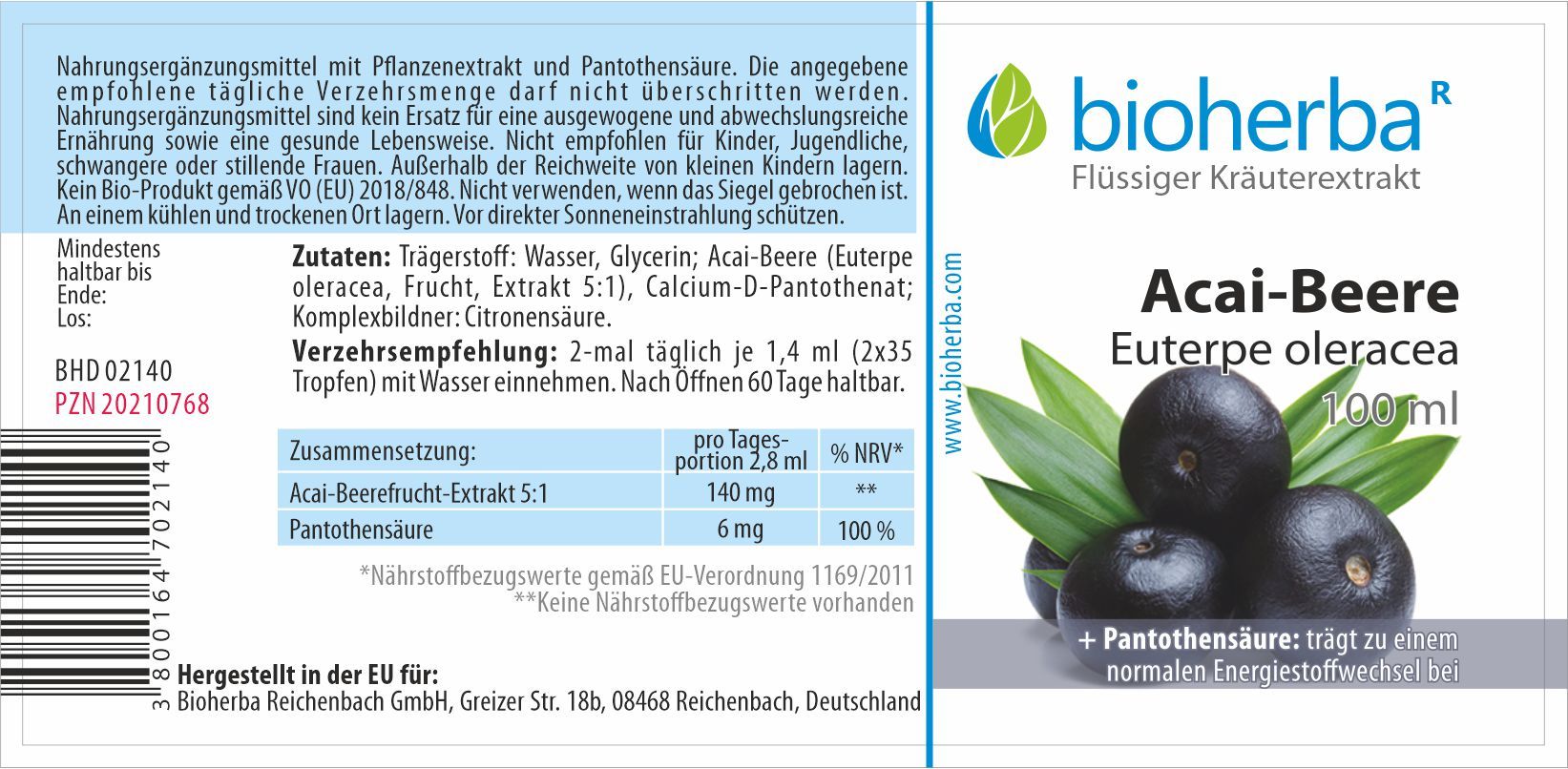 Bioherba Acai-Beere Euterpe oleracea Tropfen Tinktur