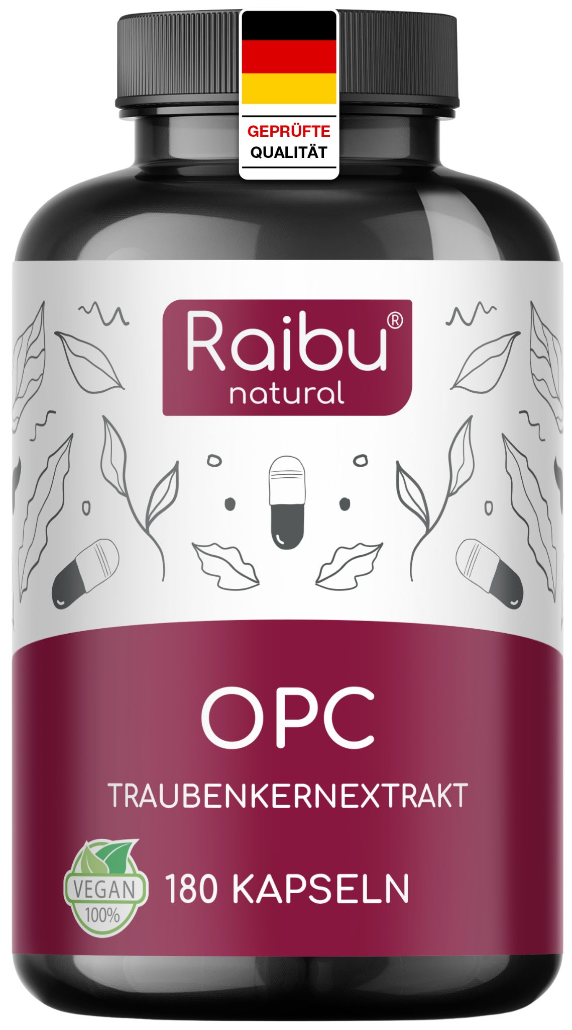 Braune Flasche mit OPC-Kapseln. Aufschrift: Raibu natural, OPC Traubenkernextrakt, 180 Kapseln. Vegan-Siegel.