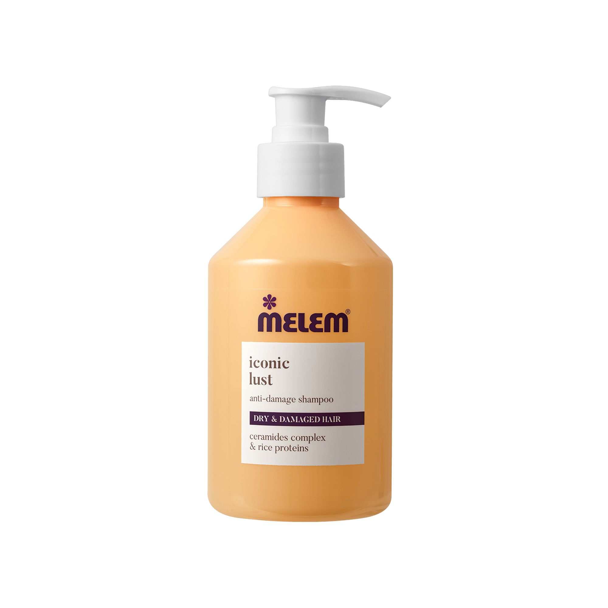 Beige Shampoo-Flasche mit weißem Pumpkopf. Aufschrift: MELEM, iconic lust, anti-damage shampoo, DRY & DAMAGED HAIR.