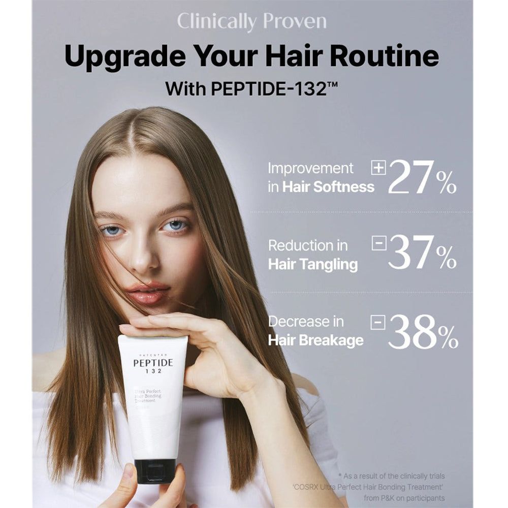 Weiße Tube mit schwarzem Klappdeckel. Beschriftung: PEPTIDE 132, Ultra Perfect Hair Bonding Treatment, COSRX.